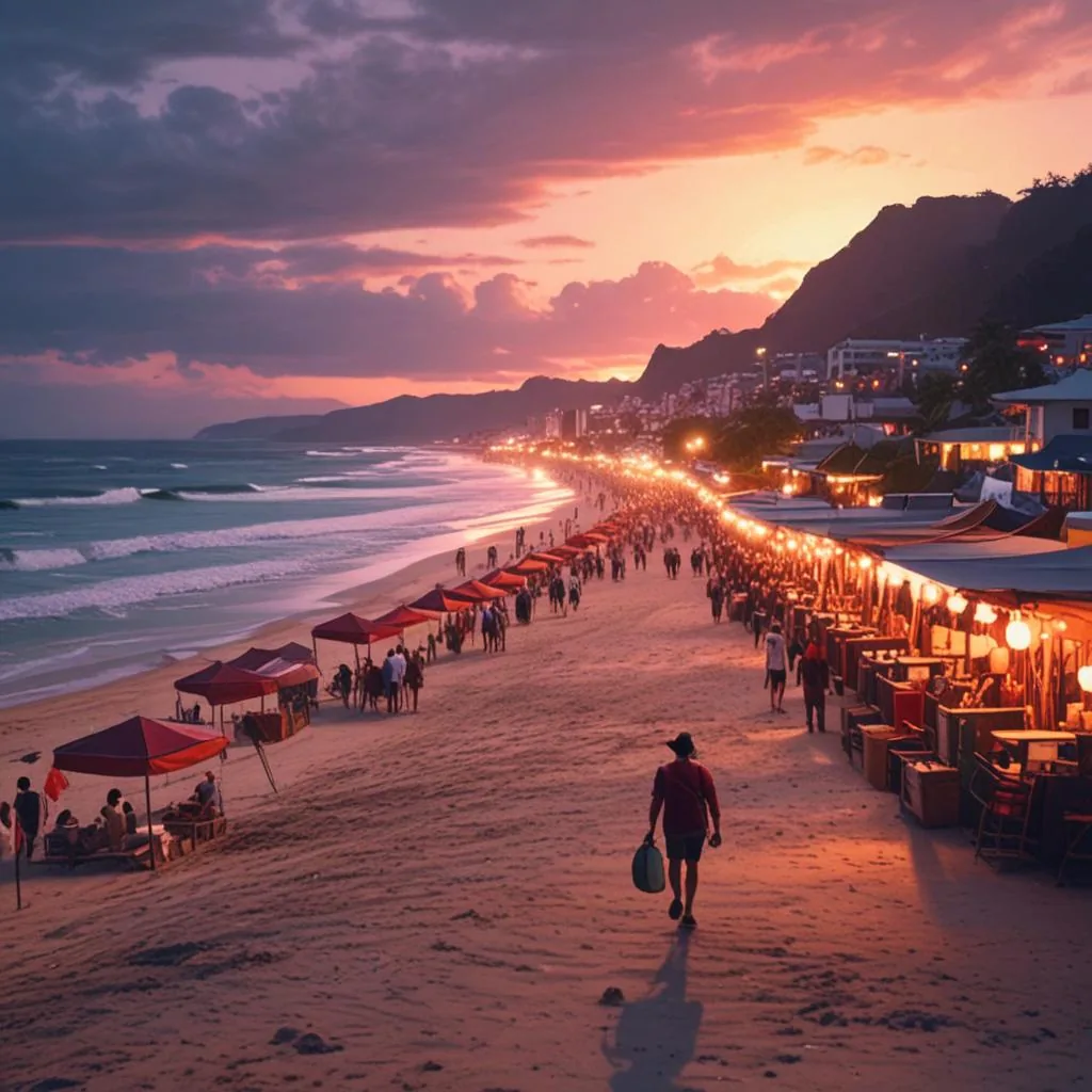 Traveller walking through a busy Asian night market contrasted with an empty tropical beach at sunrise