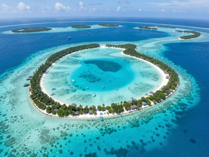 Aerial view of a Maldives atoll and turquoise lagoon
