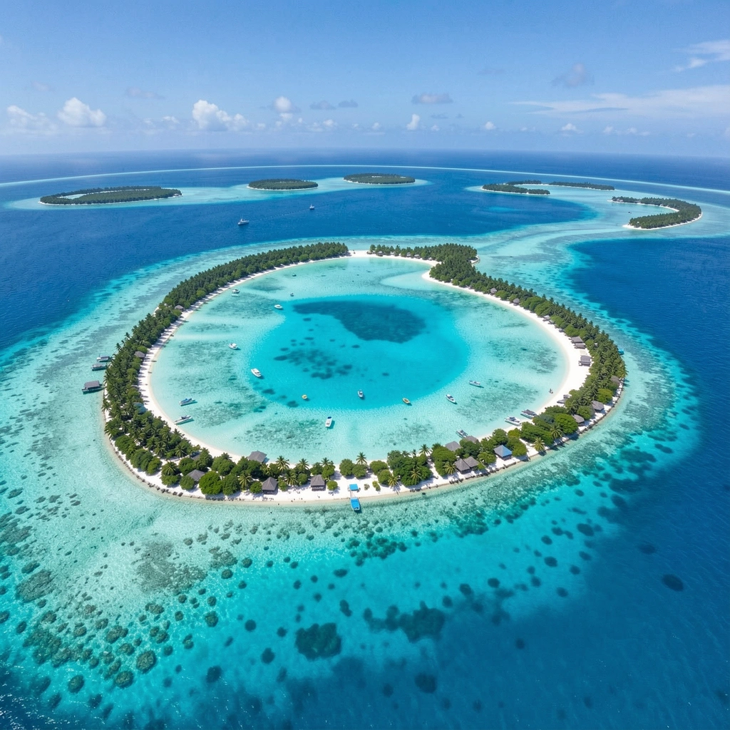 Aerial view of a Maldives atoll and turquoise lagoon