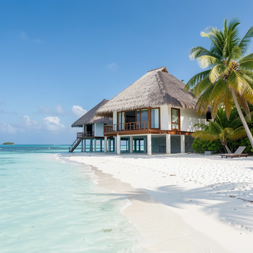 Beach villa on white sand in the Maldives
