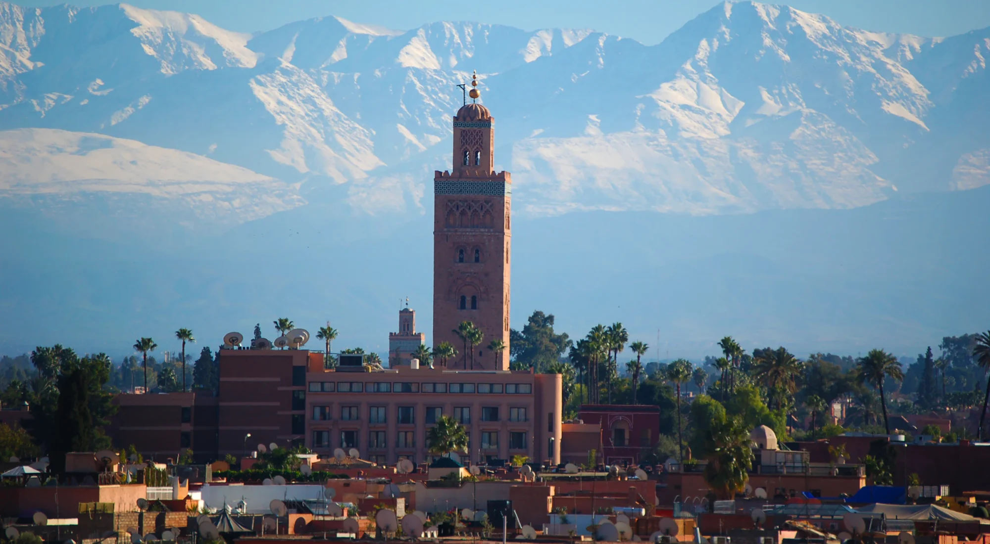 The Koutoubia minaret above Marrakech, with the snow-capped Atlas behind