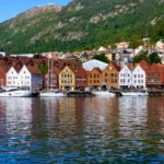 Bergen harbour under a blue sky