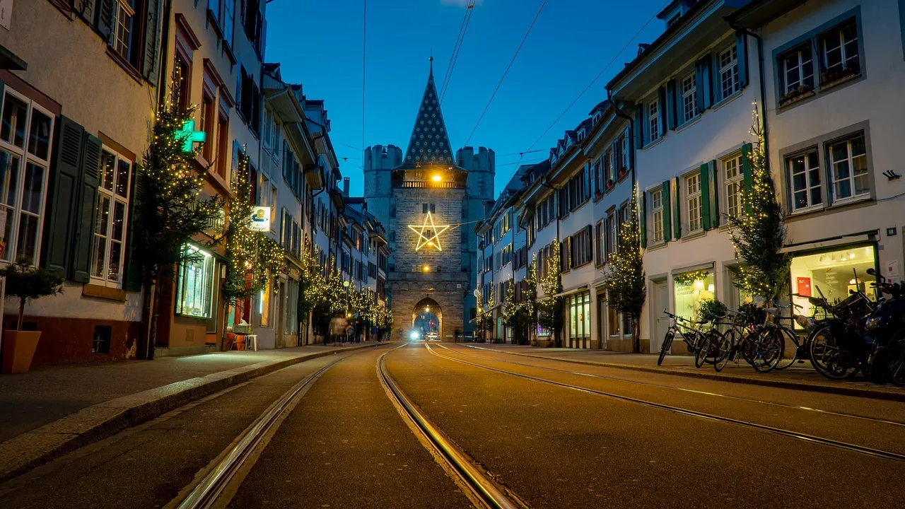Christmas lights by the Spalentor city gate in Basel