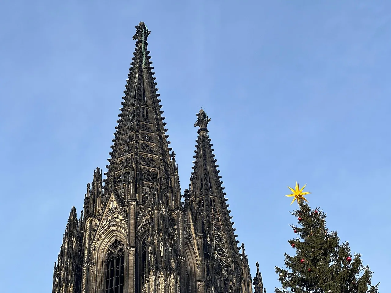 Cologne Cathedral's spires beside a Christmas tree