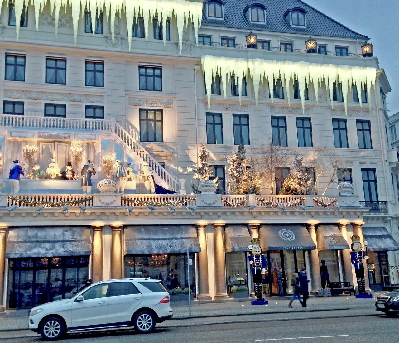 Christmas decorations on a grand hotel façade in Copenhagen