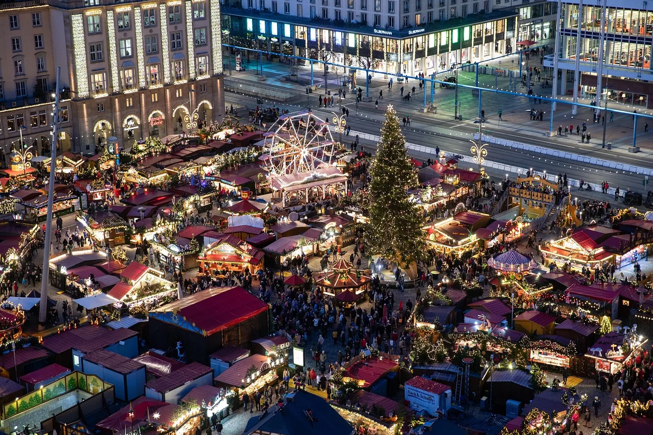 Dresden's Striezelmarkt Christmas market on the Altmarkt, seen from above