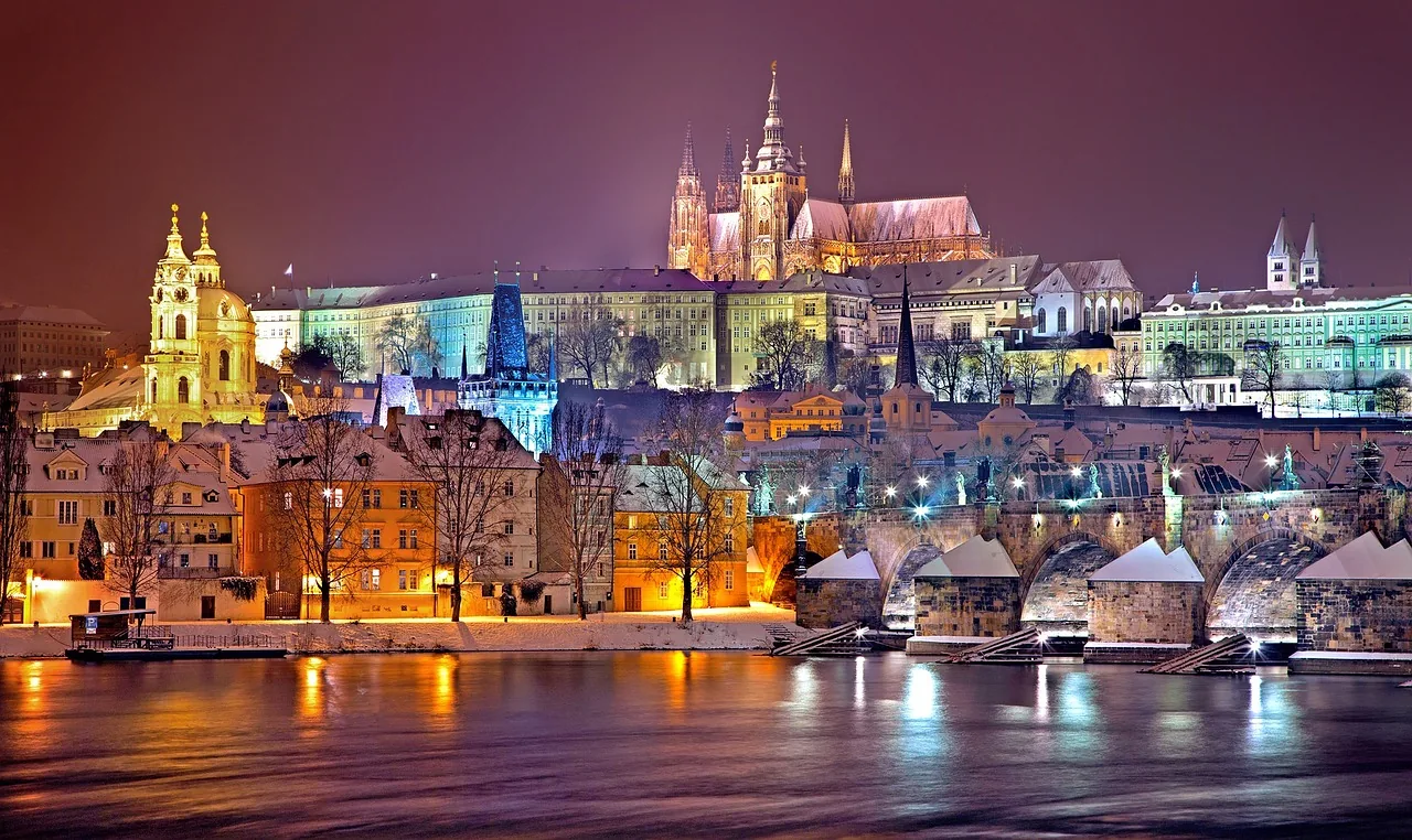 Prague Castle above the Vltava on a winter night