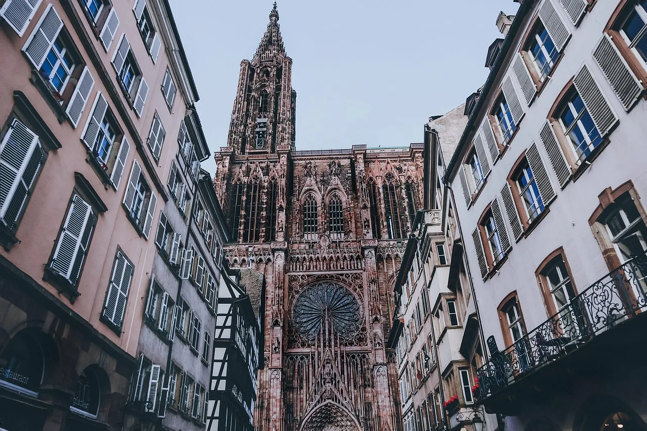 Strasbourg Cathedral seen down an old-town street