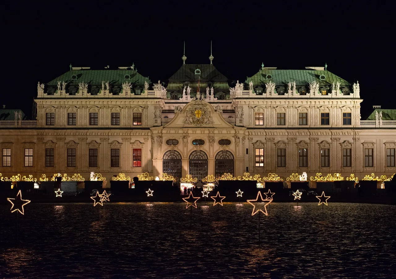 The Upper Belvedere palace in Vienna lit at night